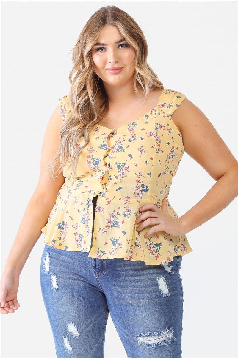 Women Plus V-neck Top Floral Button-up Sleeveless Flare Hem Soft Tank (1X,2X,3X)