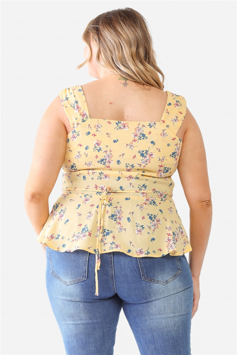Women Plus V-neck Top Floral Button-up Sleeveless Flare Hem Soft Tank (1X,2X,3X)