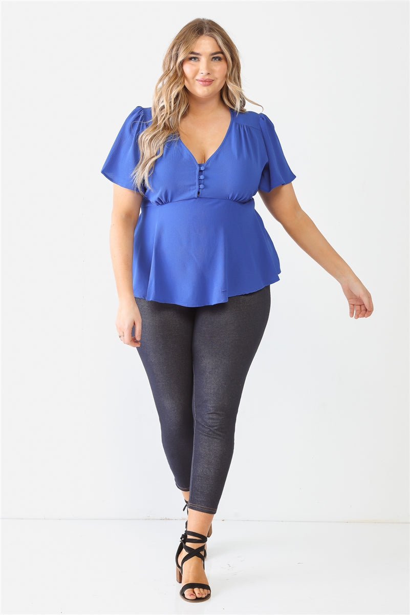 Women V-neck Tie Flare Top Short Sleeves Textured Button Soft T-Shirt (1X,2X,3X)