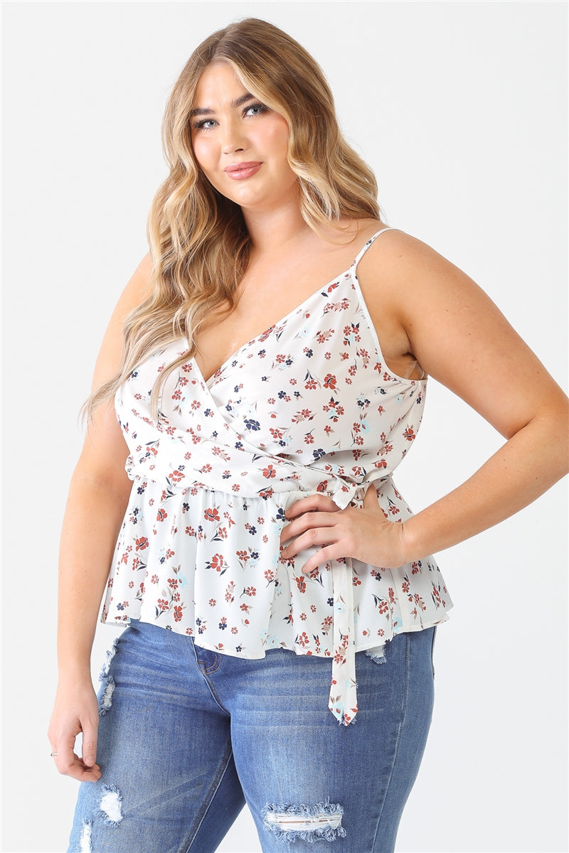 Women Plus Floral Flare Hem Top Sleeveless Wrap V-Neck Soft Cami Tank (1X,2X,3X)