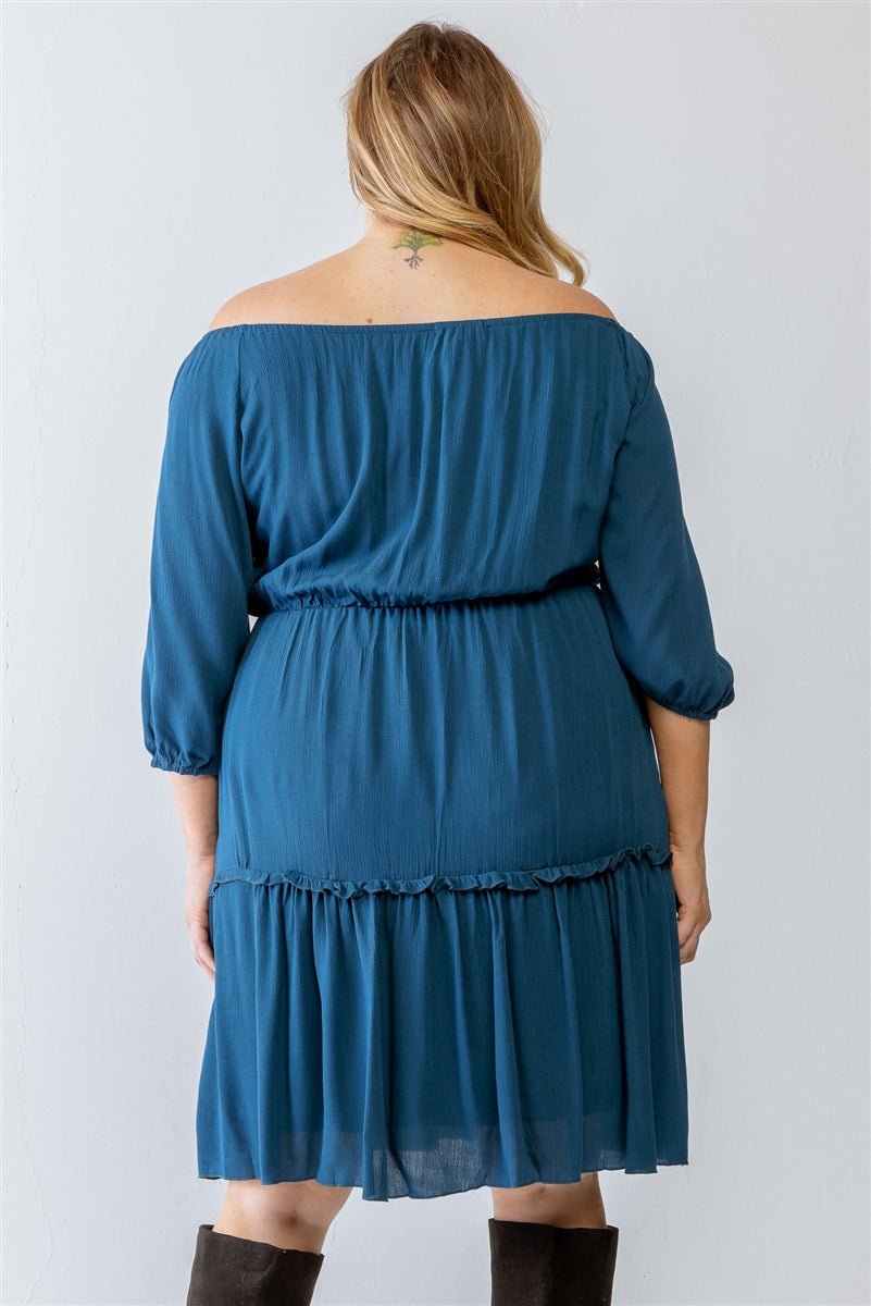 Women Boat Neck Flare Hem Mini Dress Combo Printed Textured Ruffle (1X,2X,3X)