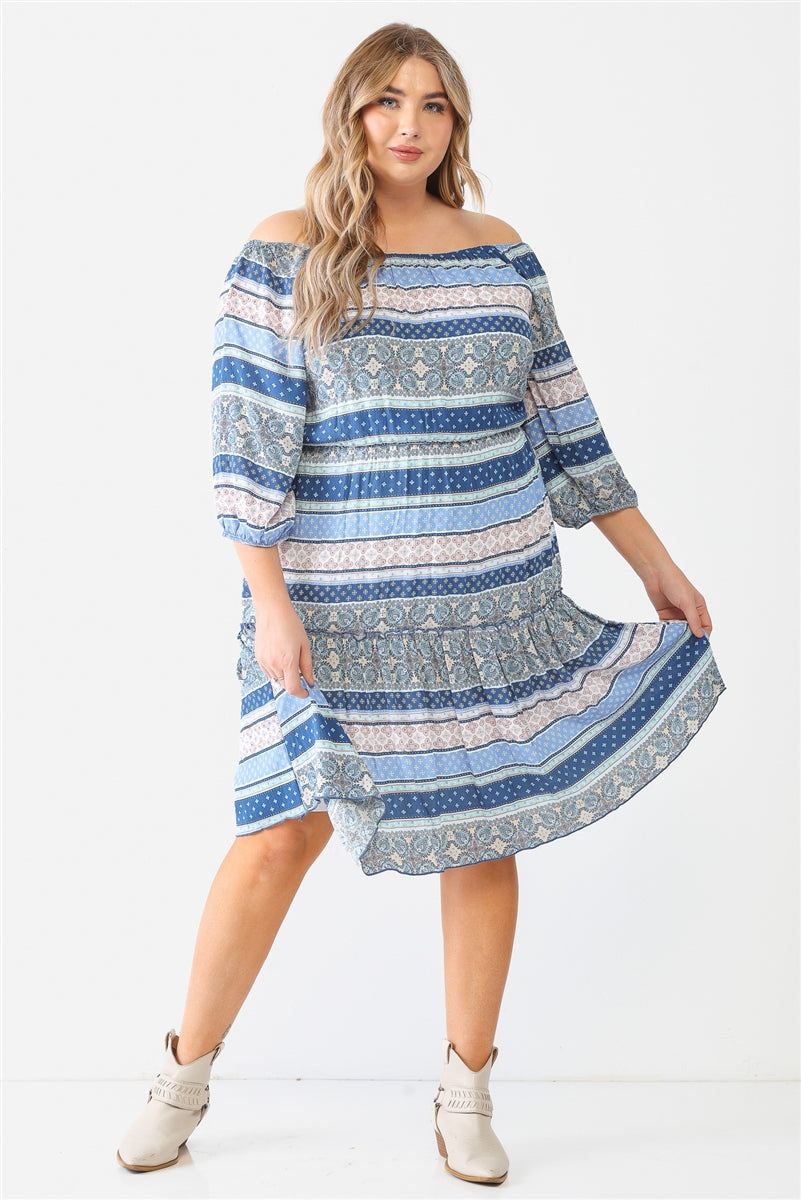 Women Boat Neck Flare Hem Mini Dress Combo Printed Textured Ruffle (1X,2X,3X)