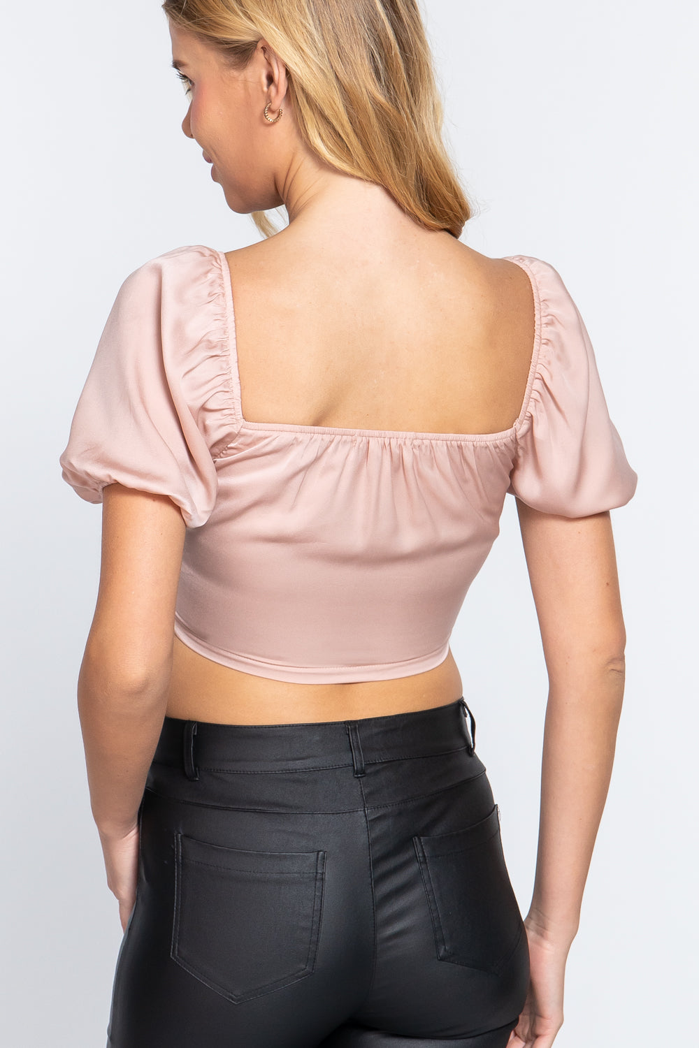 Women's Short Sleeve Sweetheart Neck Front Shirring Ribbon Tie Woven Crop Top