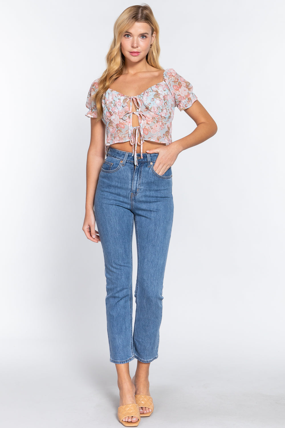 Women's Sweetheart Neck Woven Top Front Tie Floral Print Short Sleeve Blouse