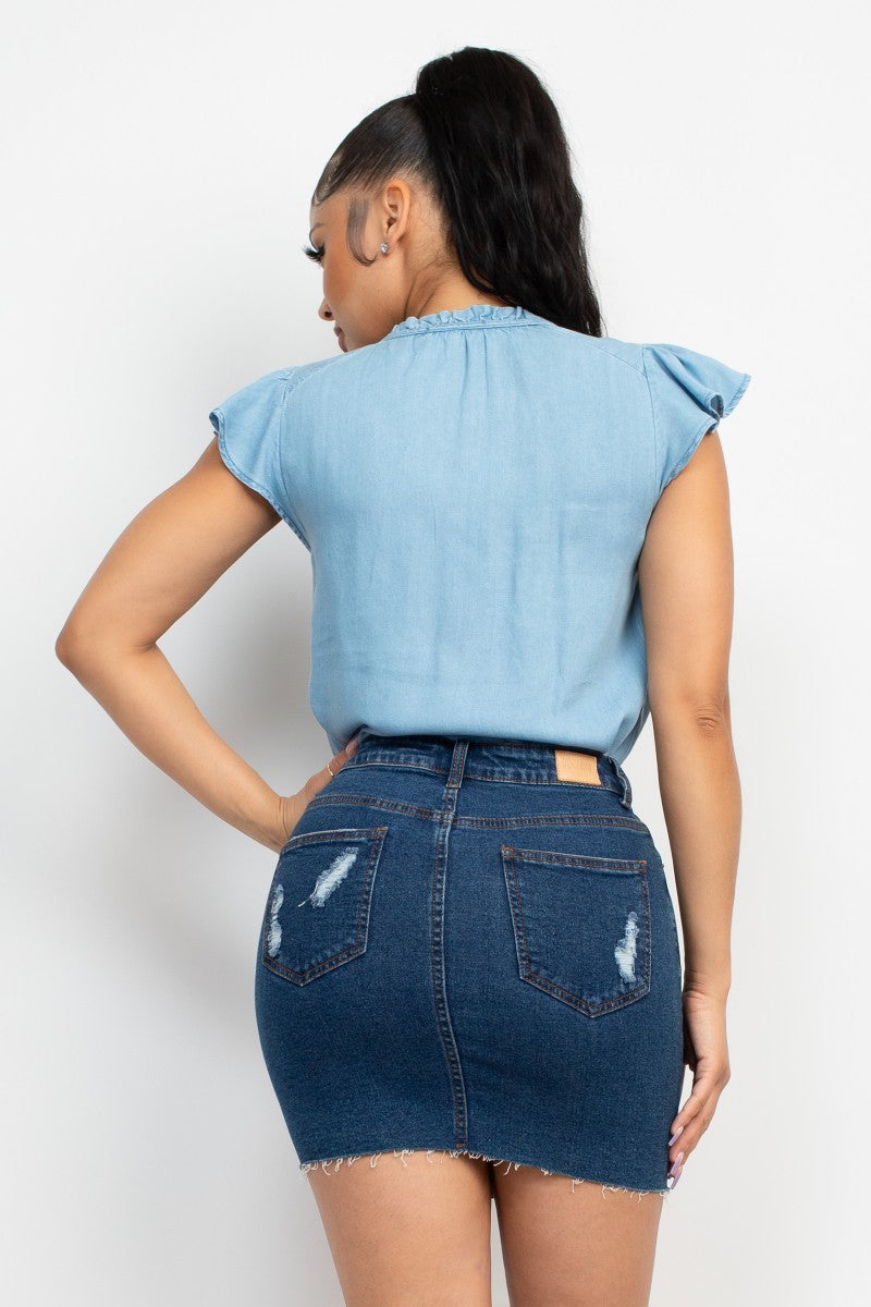 Women's Round Neck T-Shirt Top Short Frill Sleeves Self-tie Waist Length solid