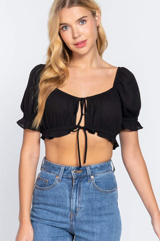 Women's Tie Floral Print Crop Woven Top Short Sleeve Sweetheart Neck T-Shirt