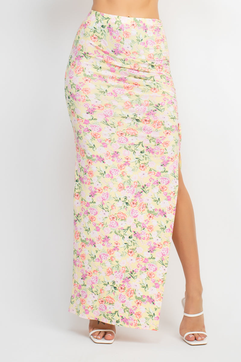 Women's Plunging Neck Front Knot Floral CropTop & Ruched Slit Maxi Skirts Set