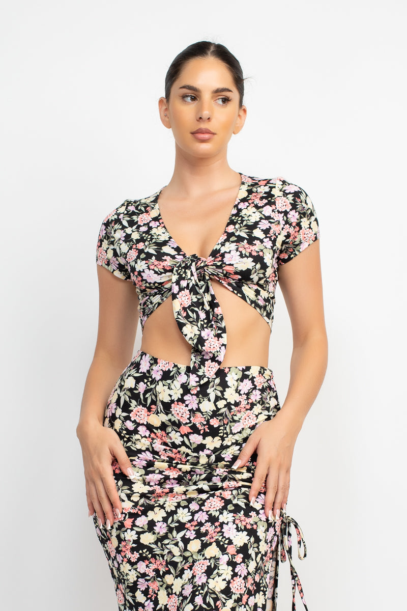 Women's Plunging Neck Front Knot Floral CropTop & Ruched Slit Maxi Skirts Set