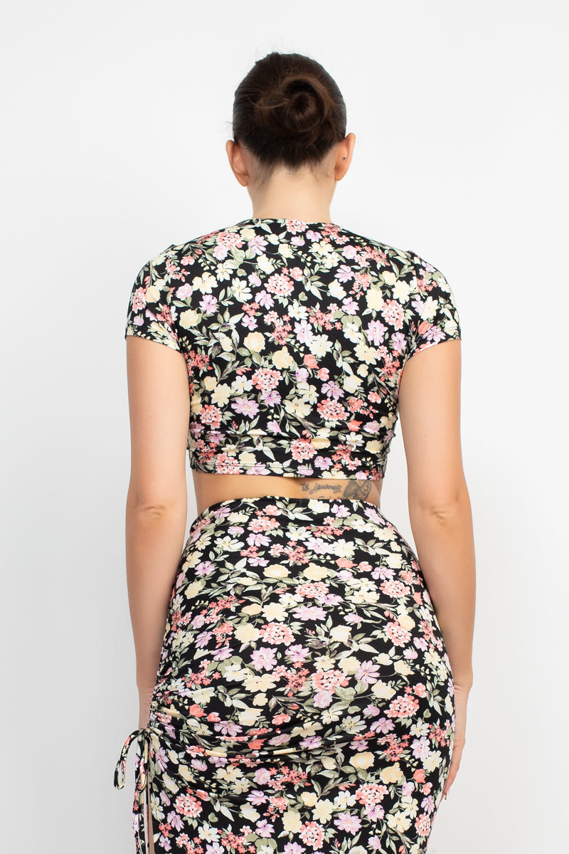 Women's Plunging Neck Front Knot Floral CropTop & Ruched Slit Maxi Skirts Set
