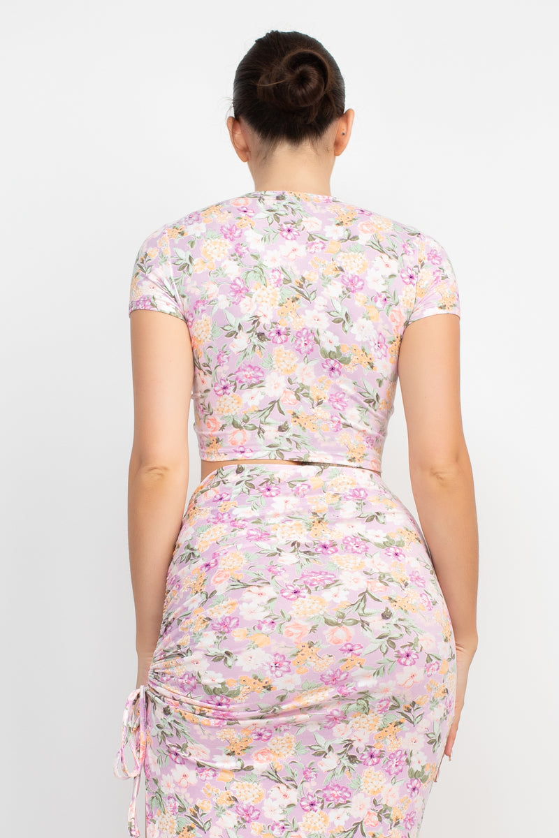 Women's Plunging Neck Front Knot Floral CropTop & Ruched Slit Maxi Skirts Set