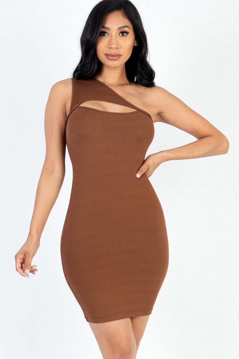 Women's Ribbed One Shoulder Mini Bodycon Dress Cutout Front Soft Stretch Top