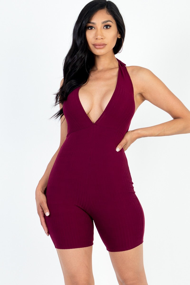 Women's Halter V Neck Ribbed Bodycon Romper Sleeveless Stretch Rib Knit Playsuit