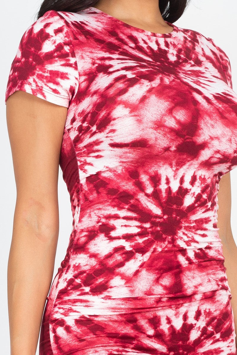 Women Tie-dye Printed Midi T-Shirt Dress Bodycon Short Sleeve Scoop Neck Stretch