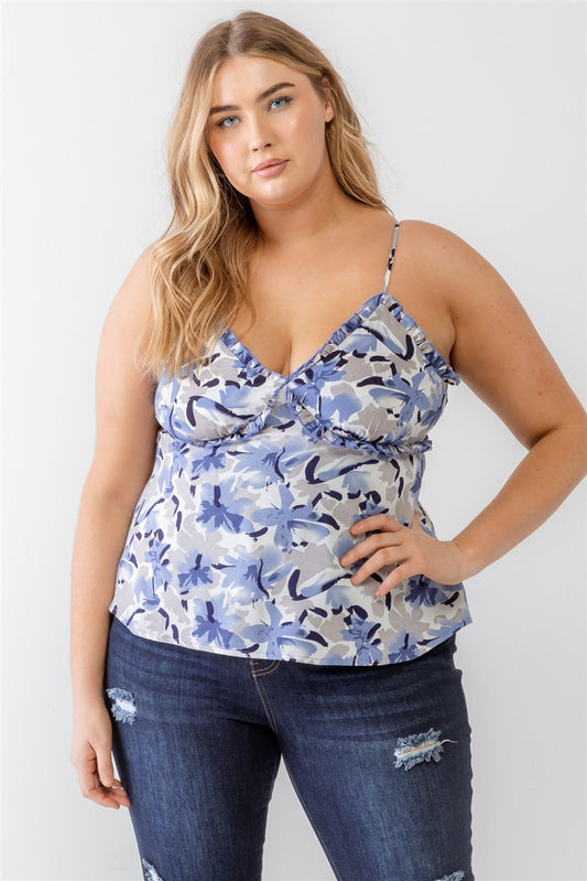 Womens Floral Print Woven Ruffle Sleeveless Back Zipper Tank Top (1XL.2XL.3XL)