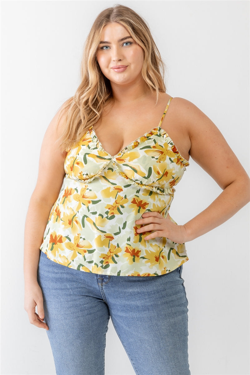 Womens Floral Print Woven Ruffle Sleeveless Back Zipper Tank Top (1XL.2XL.3XL)