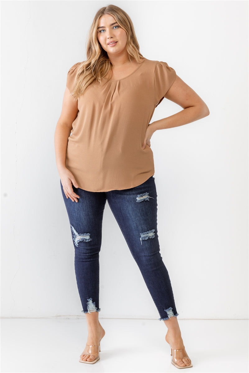 Women Plus Textured Crew Neck Top T-Shirt Cap Sleeve Soft Solid Tee (1X,2X,3X)