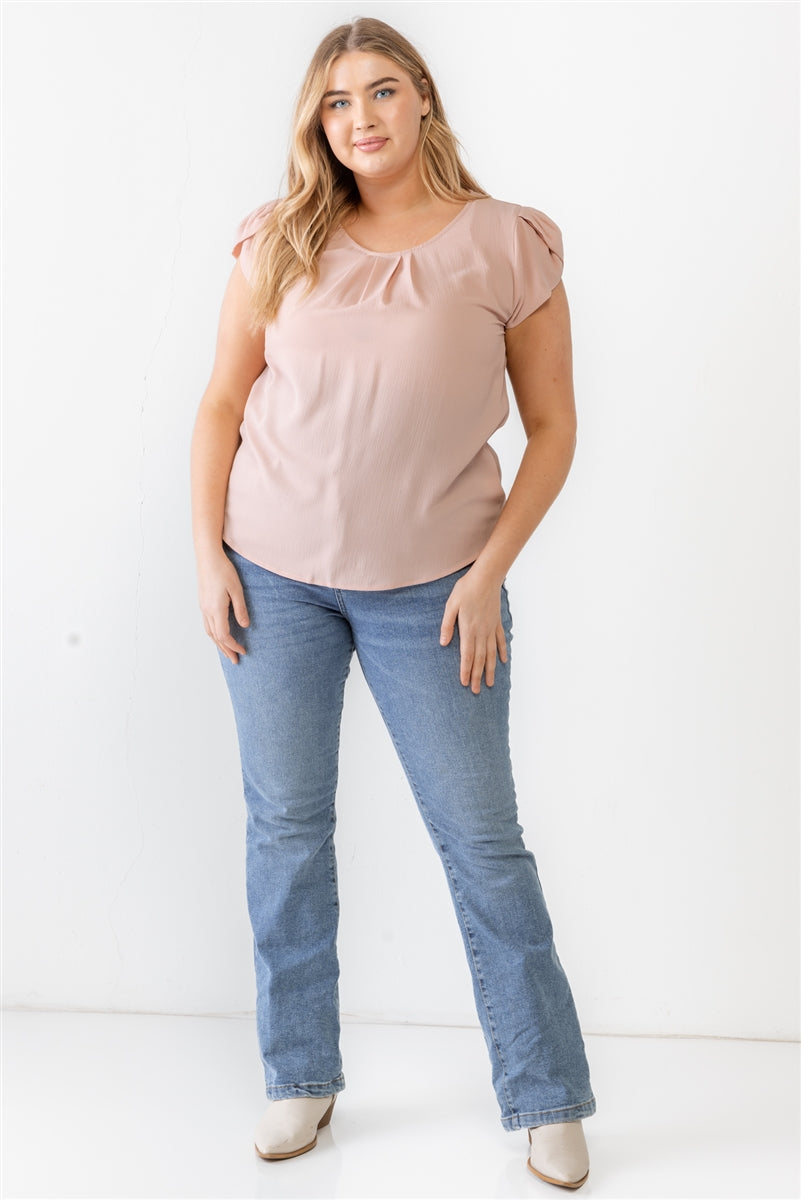 Women Plus Textured Crew Neck Top T-Shirt Cap Sleeve Soft Solid Tee (1X,2X,3X)