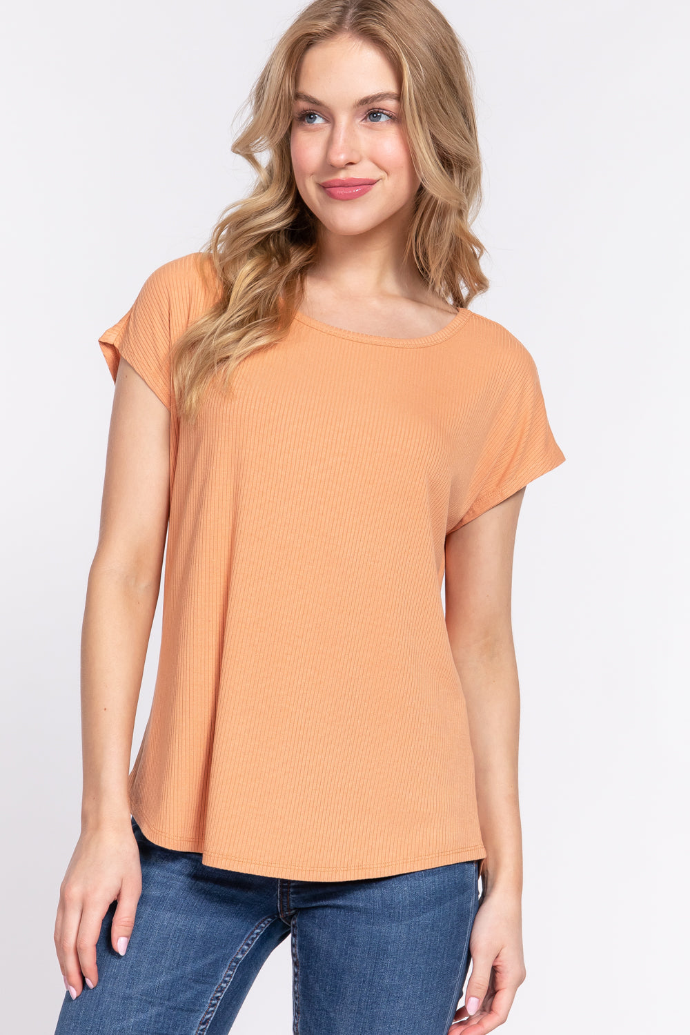 Women Short Dolman Sleeve Round Neck Rayon T-Shirt Rib Knit Top - Apricot Yellow