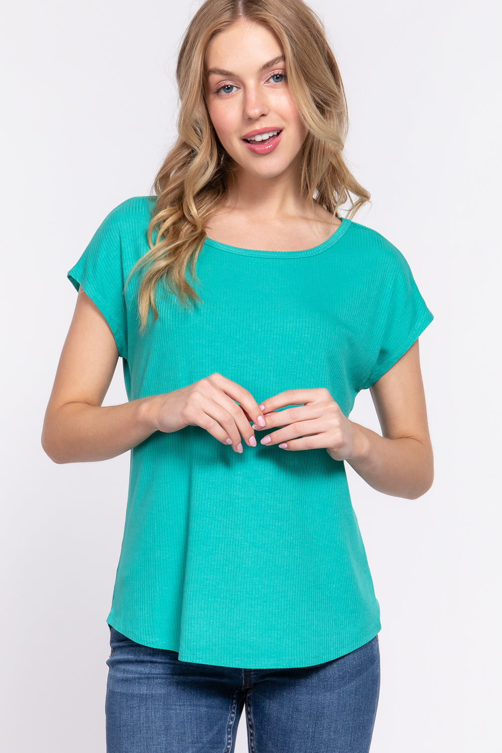 Women Short Dolman Sleeve Round Neck Rayon T-Shirt Rib Knit Top - Emerald Green