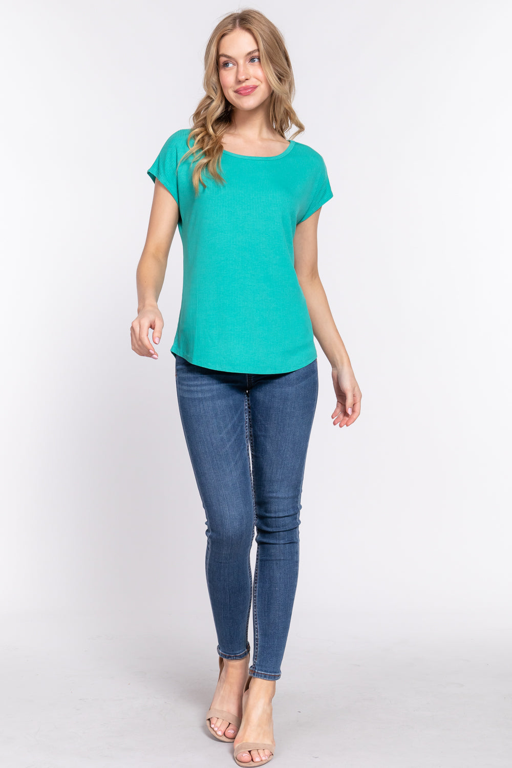 Women Short Dolman Sleeve Round Neck Rayon T-Shirt Rib Knit Top - Emerald Green