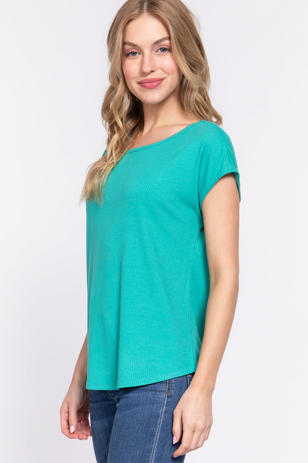 Women Short Dolman Sleeve Round Neck Rayon T-Shirt Rib Knit Top - Emerald Green