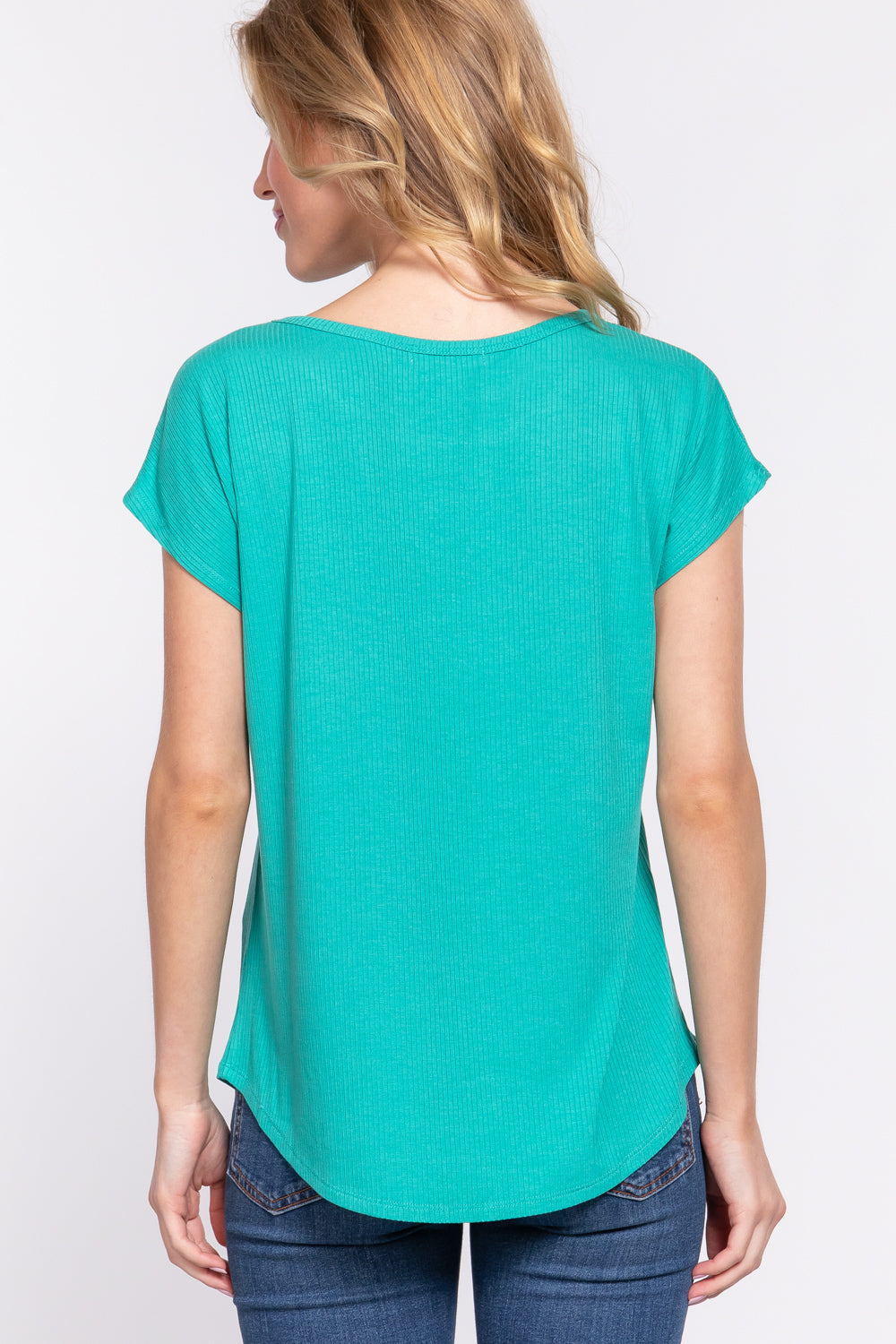 Women Short Dolman Sleeve Round Neck Rayon T-Shirt Rib Knit Top - Emerald Green