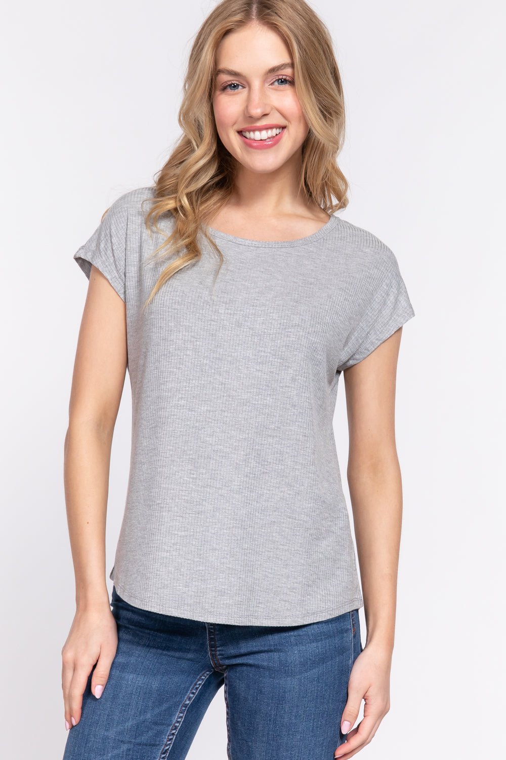 Women's Short Dolman Sleeve Round Neck Rayon T-Shirt Rib Knit Top - Heather Grey