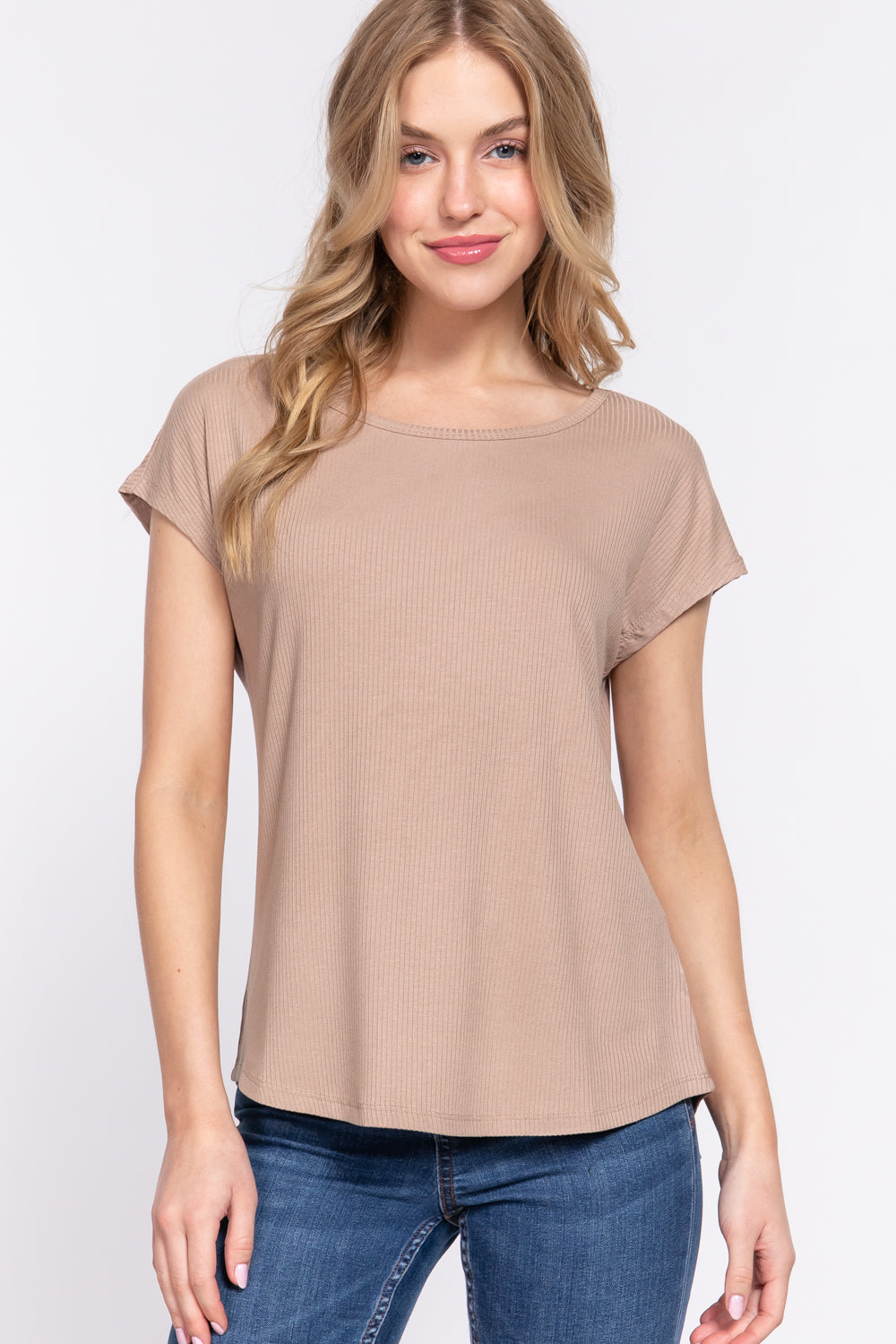 Women's Short Dolman Sleeve Round Neck Rayon T-Shirt Rib Knit Top - Khaki