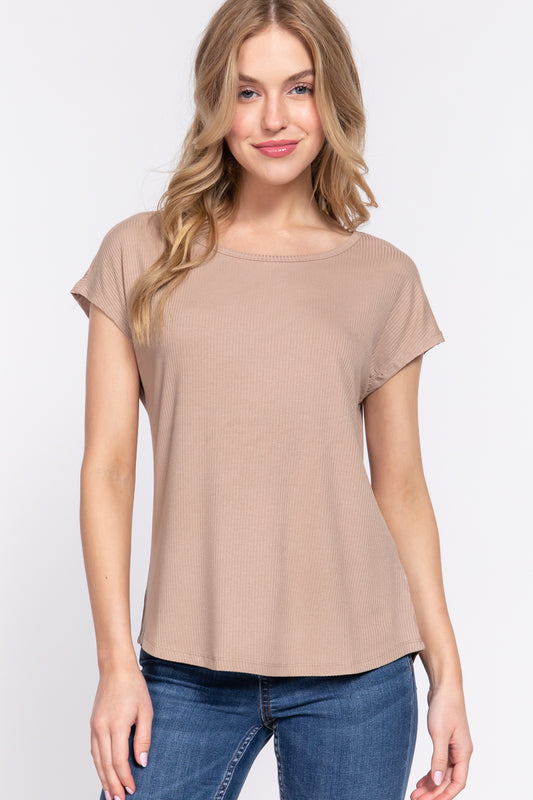 Women's Short Dolman Sleeve Round Neck Rayon T-Shirt Rib Knit Top - Khaki