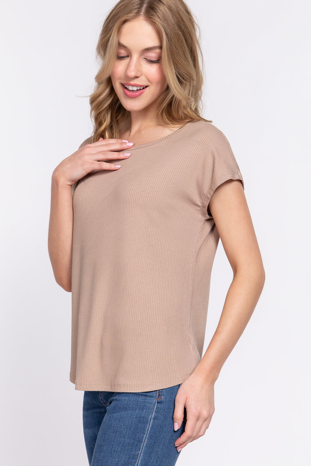 Women's Short Dolman Sleeve Round Neck Rayon T-Shirt Rib Knit Top - Khaki