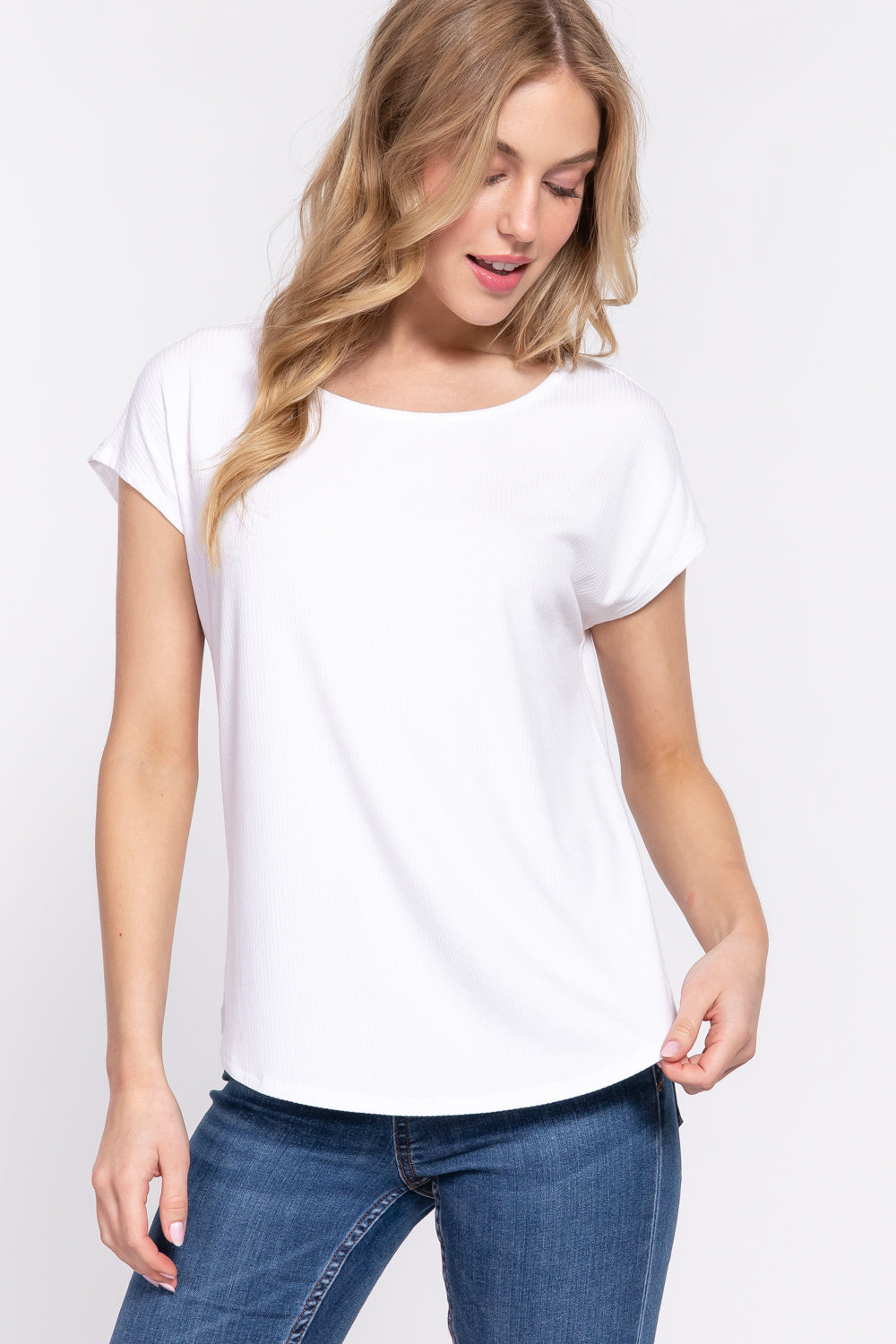 Women's Short Dolman Sleeve Round Neck Rayon T-Shirt Rib Knit Top - Off White