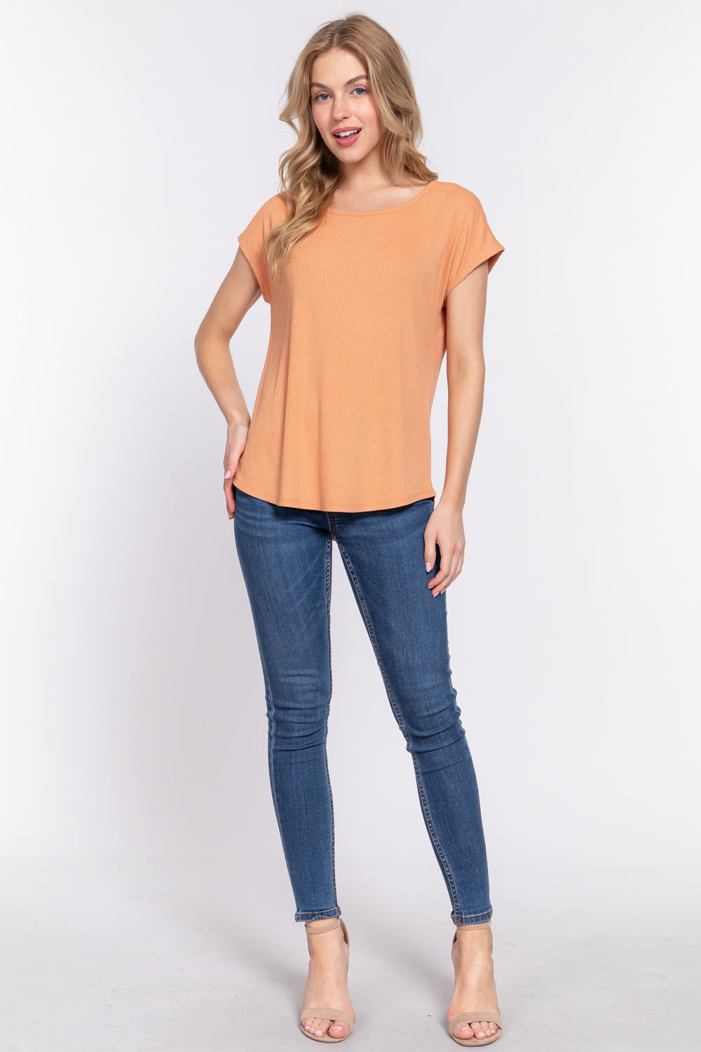 Women Short Dolman Sleeve Round Neck Rayon T-Shirt Rib Knit Top - Apricot Yellow