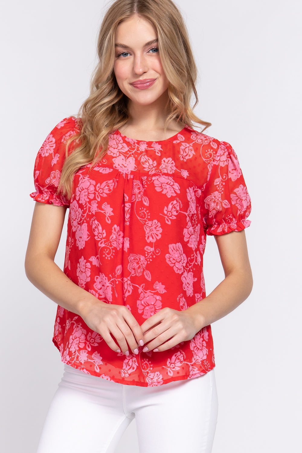 Women Short Sleeve Round Neck Shirt Back Button Floral Print Clip Dot Woven Top