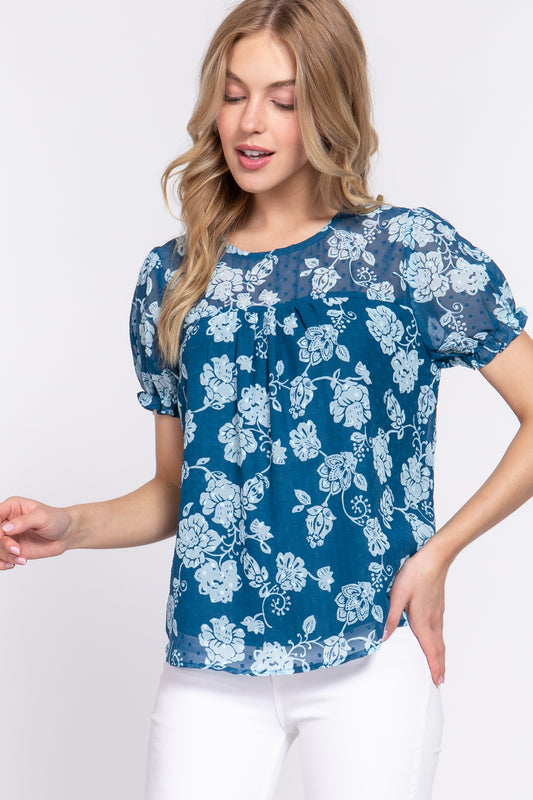 Women Short Sleeve Round Neck Shirt Back Button Floral Print Clip Dot Woven Top