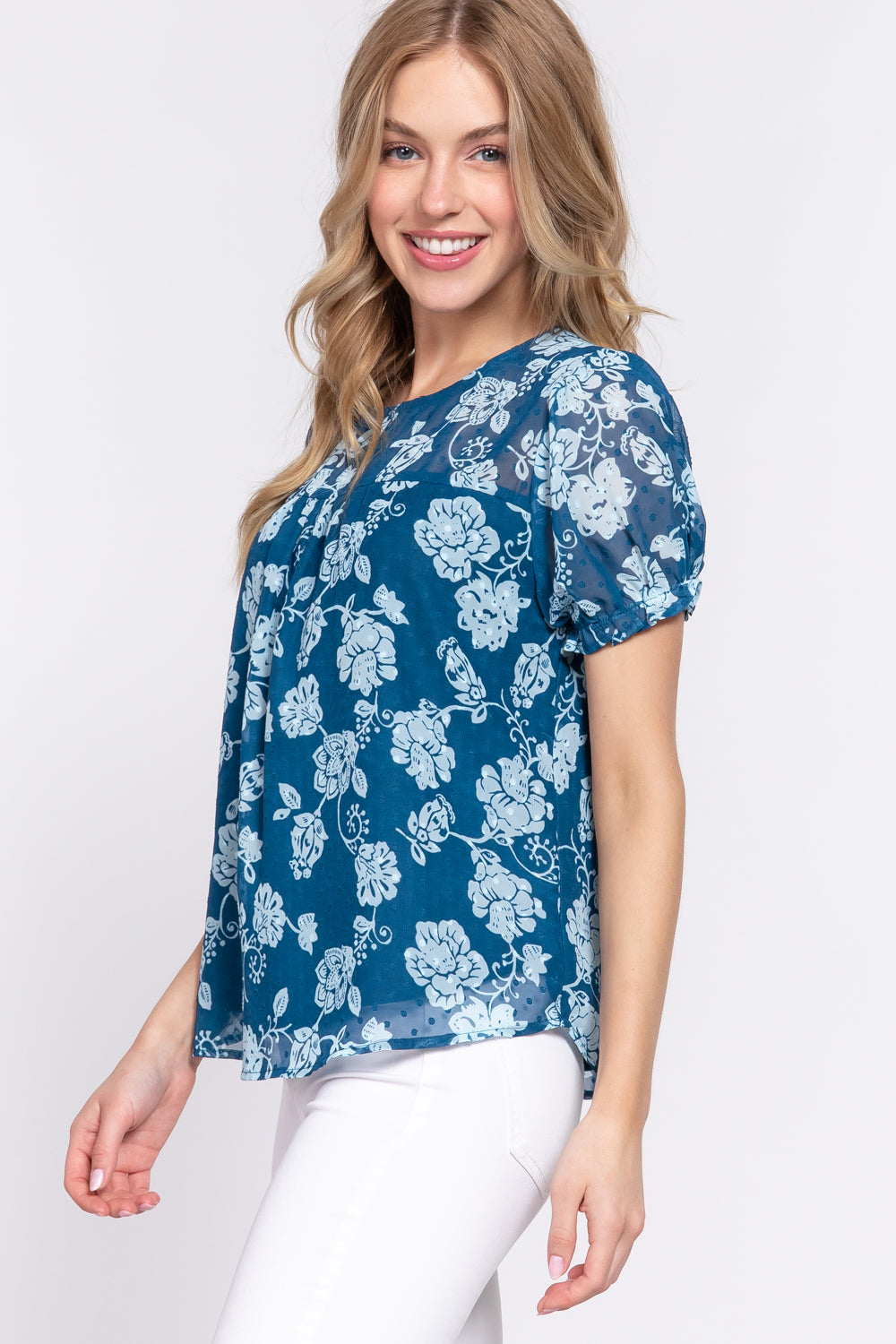 Women Short Sleeve Round Neck Shirt Back Button Floral Print Clip Dot Woven Top