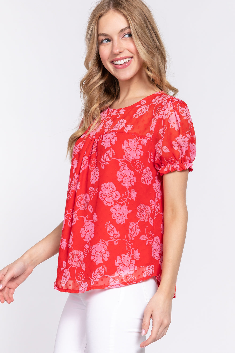 Women Short Sleeve Round Neck Shirt Back Button Floral Print Clip Dot Woven Top