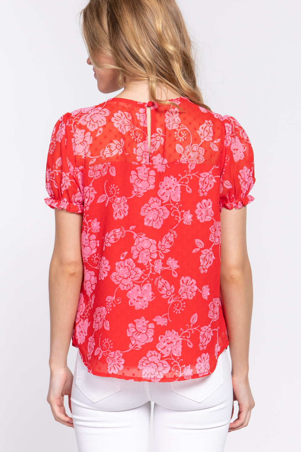 Women Short Sleeve Round Neck Shirt Back Button Floral Print Clip Dot Woven Top