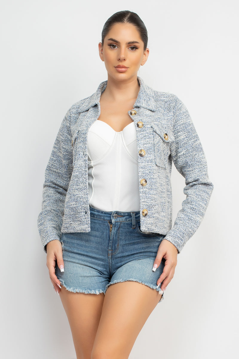 Women's Tweed Jacket Plaid Button Collared Neckline Long Cuffed Sleeves Pockets