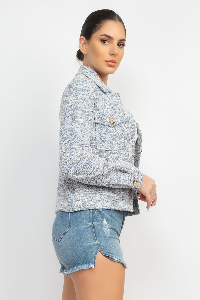 Women's Tweed Jacket Plaid Button Collared Neckline Long Cuffed Sleeves Pockets