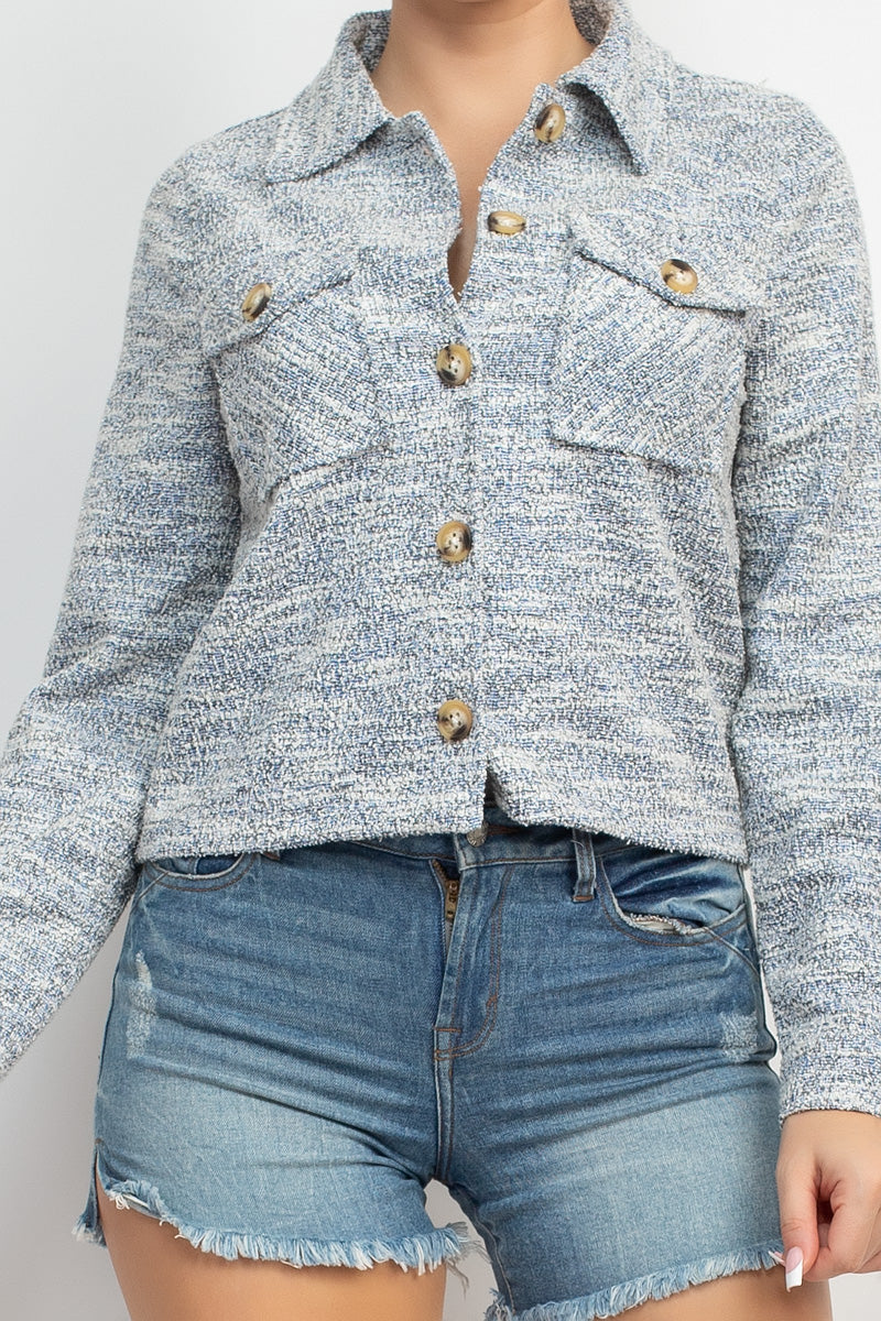 Women's Tweed Jacket Plaid Button Collared Neckline Long Cuffed Sleeves Pockets