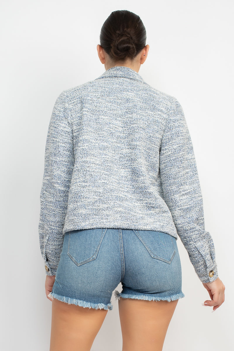 Women's Tweed Jacket Plaid Button Collared Neckline Long Cuffed Sleeves Pockets