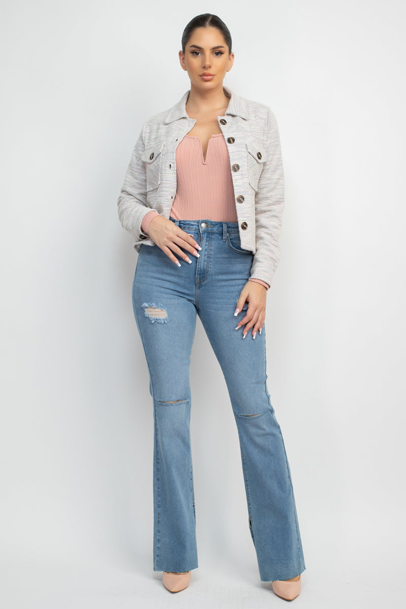 Women's Tweed Jacket Plaid Button Collared Neckline Long Cuffed Sleeves Pockets