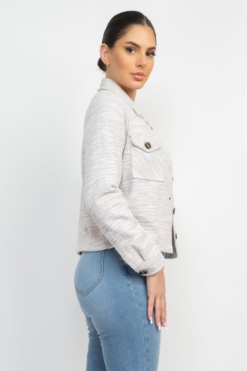 Women's Tweed Jacket Plaid Button Collared Neckline Long Cuffed Sleeves Pockets