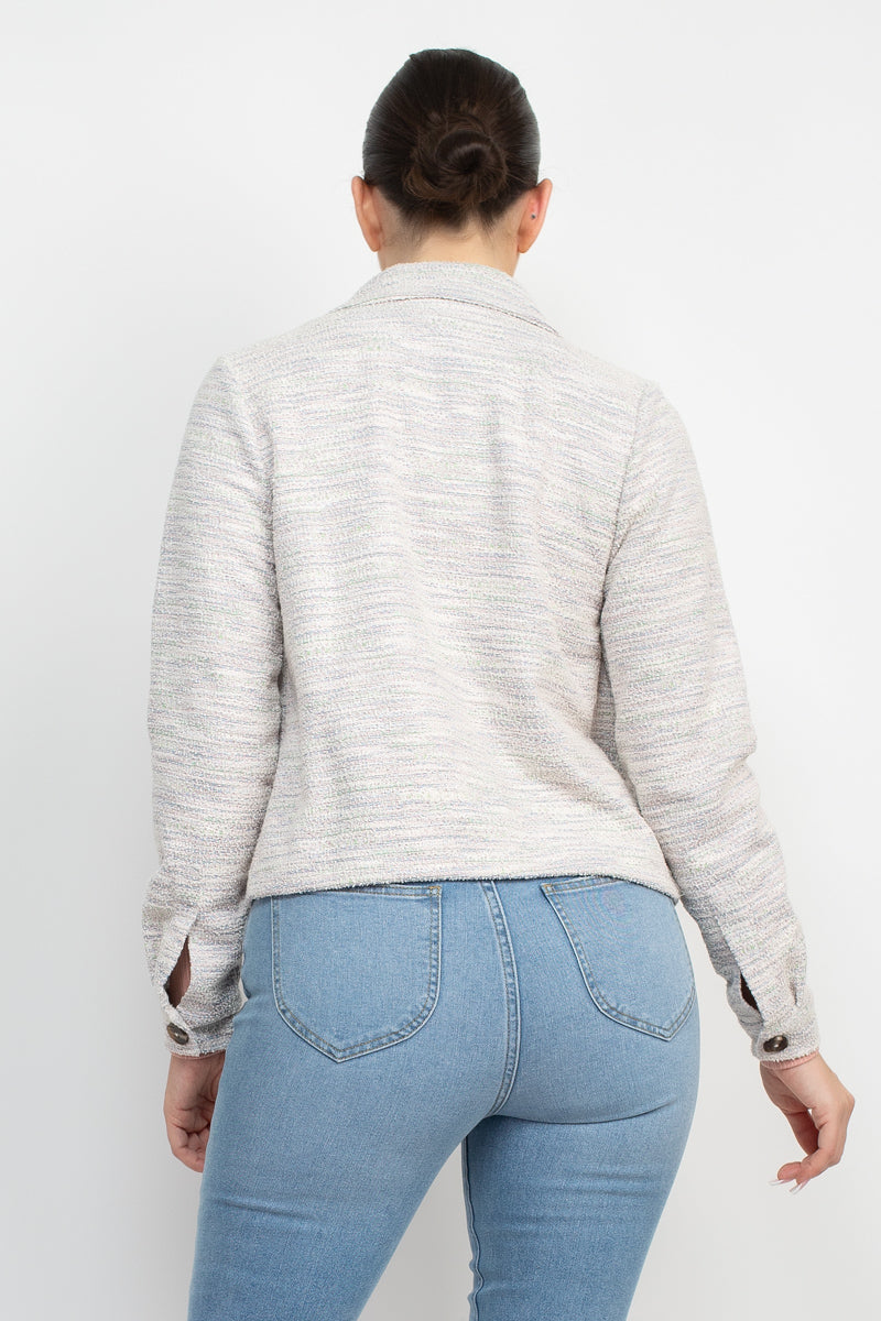 Women's Tweed Jacket Plaid Button Collared Neckline Long Cuffed Sleeves Pockets