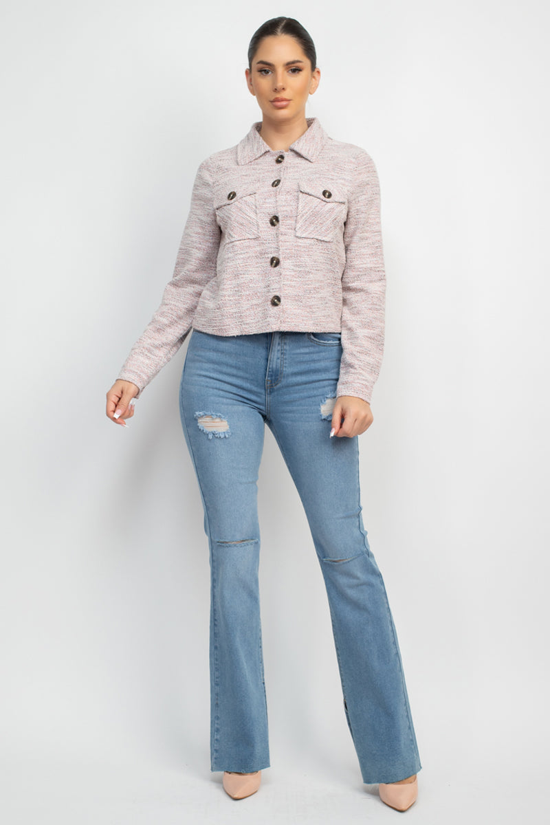 Women's Tweed Jacket Plaid Button Collared Neckline Long Cuffed Sleeves Pockets