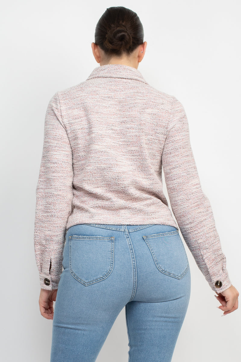 Women's Tweed Jacket Plaid Button Collared Neckline Long Cuffed Sleeves Pockets