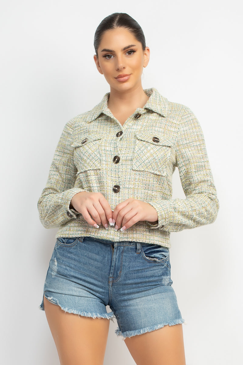 Women's Tweed Jacket Plaid Button Collared Neckline Long Cuffed Sleeves Pockets
