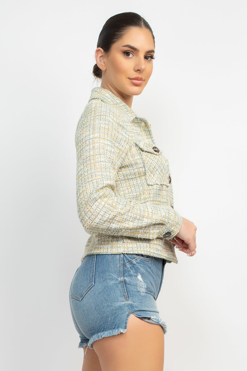 Women's Tweed Jacket Plaid Button Collared Neckline Long Cuffed Sleeves Pockets