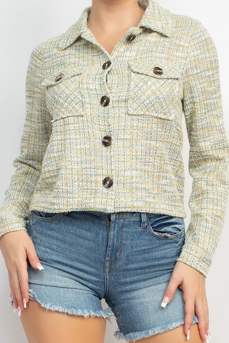 Women's Tweed Jacket Plaid Button Collared Neckline Long Cuffed Sleeves Pockets