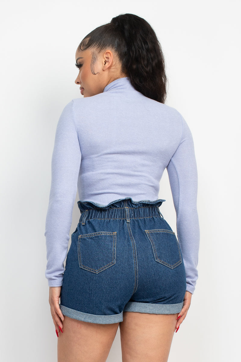 Women's Mock Neck Rayon Soft T-Shirt Long Sleeve Top Fitted Tee - Blue